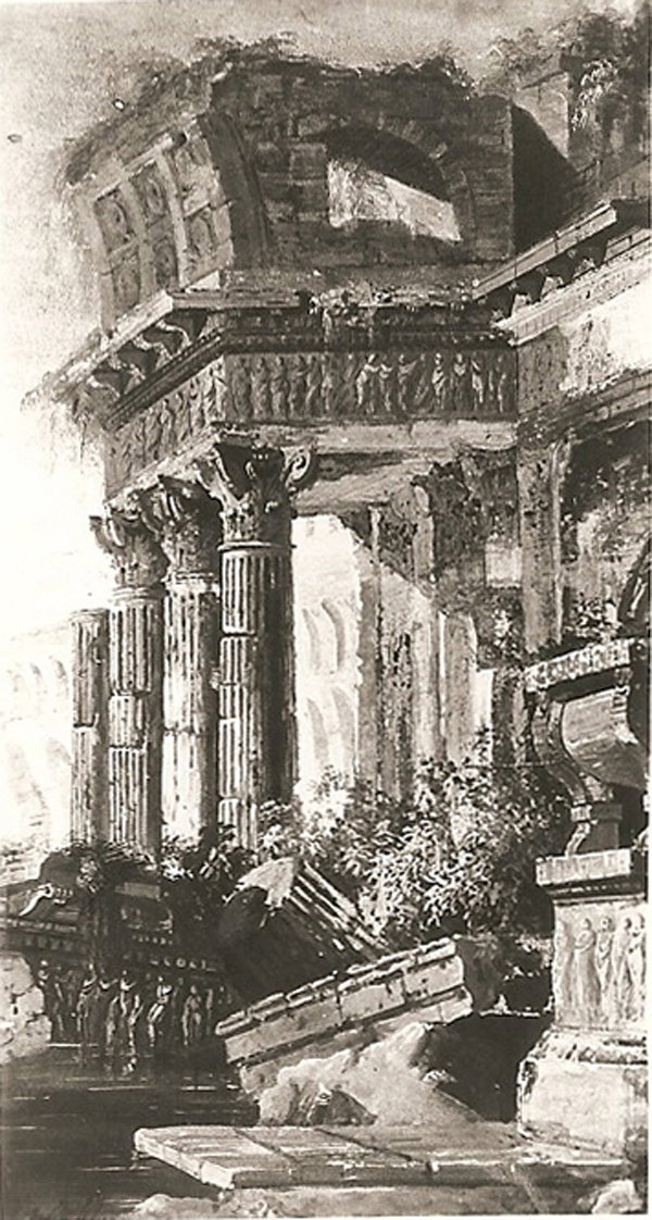 rovine di portico in stile corinzio (dipinto, opera isolata) - ambito Europa cen